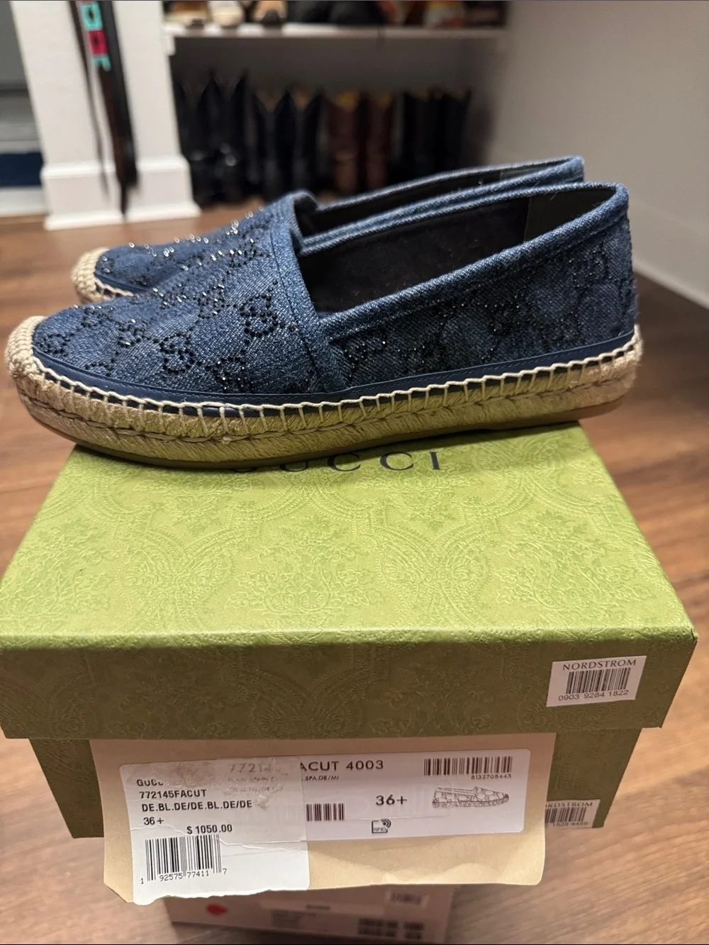 Gucci Espadrille GG Canvas Designer Flats Embellished Denim SZ 6.5 NIB